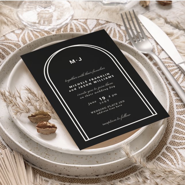Monogram Black White Minimalist Arch Wedding Invitation (Creator Uploaded)