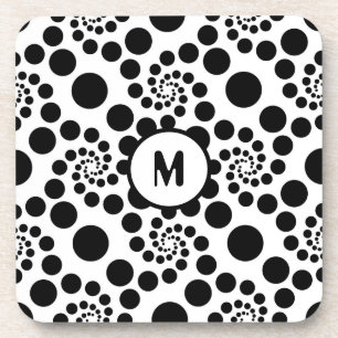 Monogram Black & White Modern Swirl Dots Design Coaster