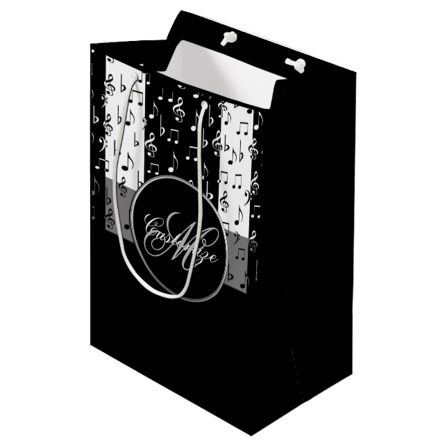 Monogram Black & White Musical Stripes Gift Bag 3 (Front Angled)