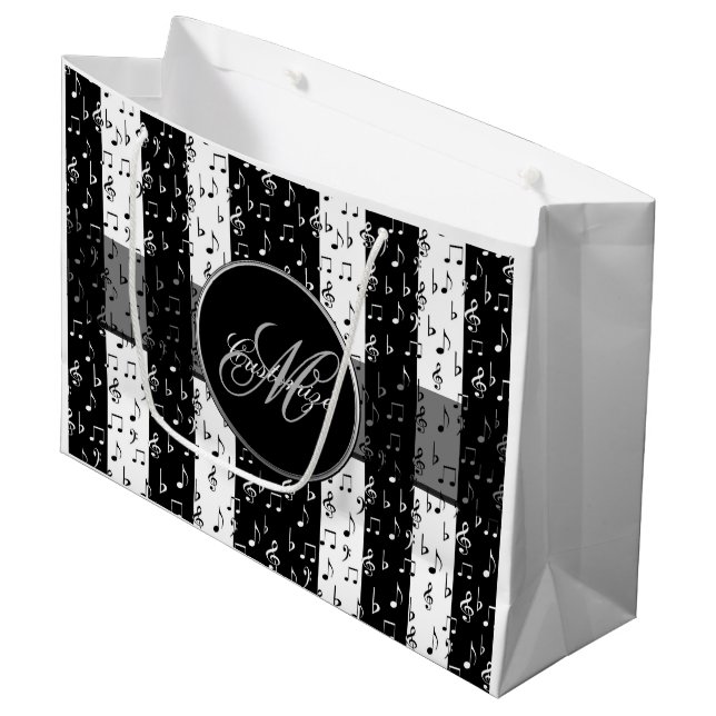 Monogram Black & White Musical Stripes Large Bag (Front Angled)