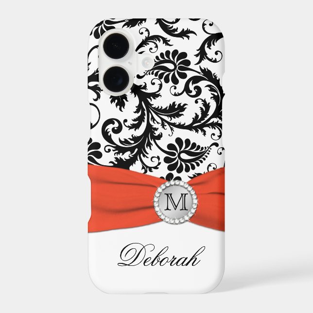 Monogram Black, White, Orange Damask iPhone 7 Case (Back)