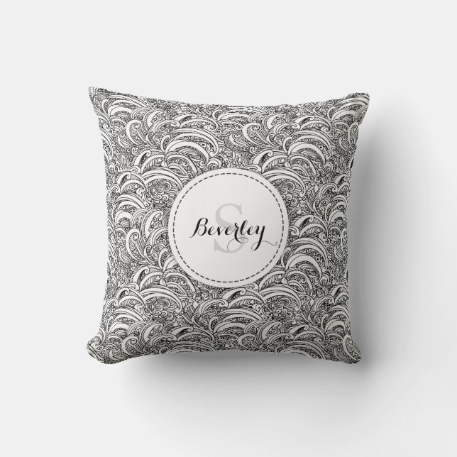 Monogram black white paisley pattern ink pillow (Front)