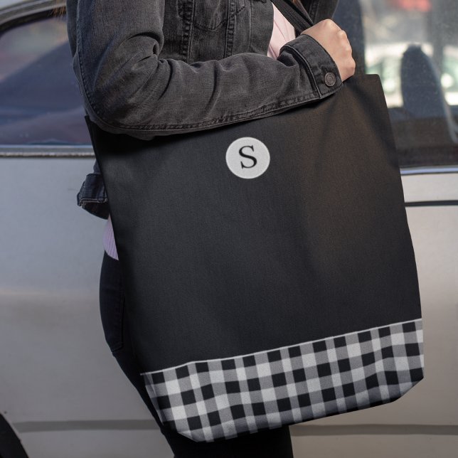 Monogram Black White Plaid Gingham Scottish Tote Bag (Creator Uploaded)