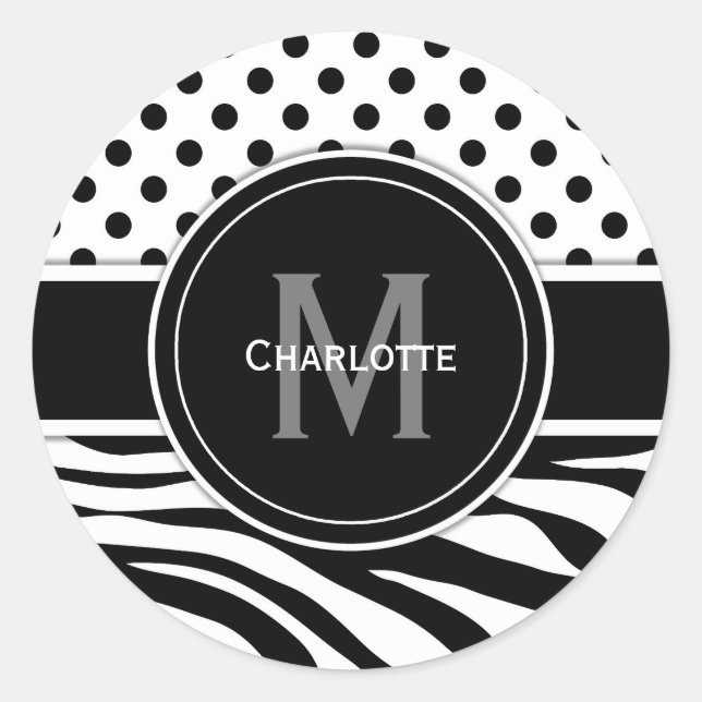 Monogram Black White Polka Dots and Zebra Stripes Classic Round Sticker (Front)
