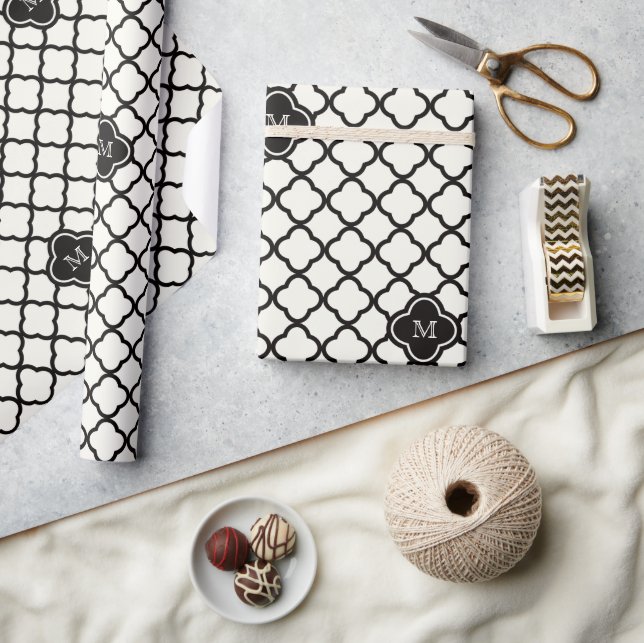 Monogram Black & White Quatrefoil Pattern Wedding Wrapping Paper (Crafts)