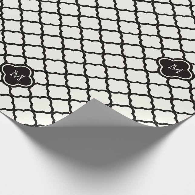 Monogram Black & White Quatrefoil Pattern Wedding Wrapping Paper (Corner)