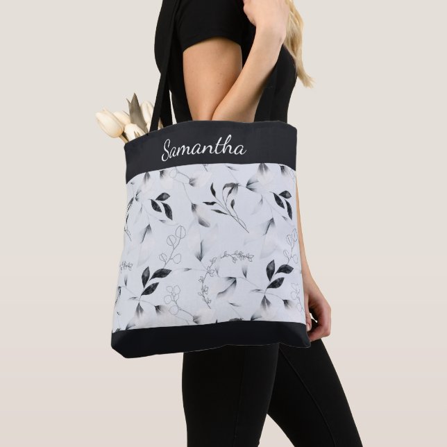 Monogram Black White Silver Grey Floral Leaves  Tote Bag (Close Up)