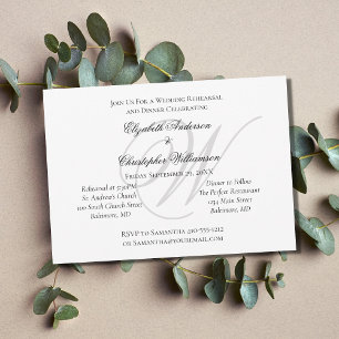 Monogram Black White Silver Wedding Rehearsal Invitation