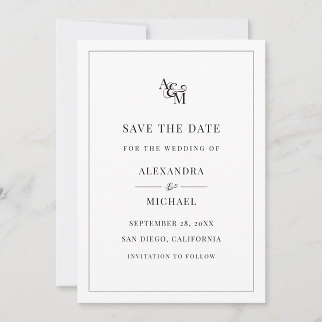 Monogram Black White Simple Elegant Modern Wedding Save The Date (Front)