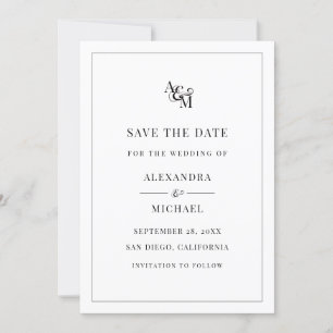 Monogram Black White Simple Elegant Modern Wedding Save The Date