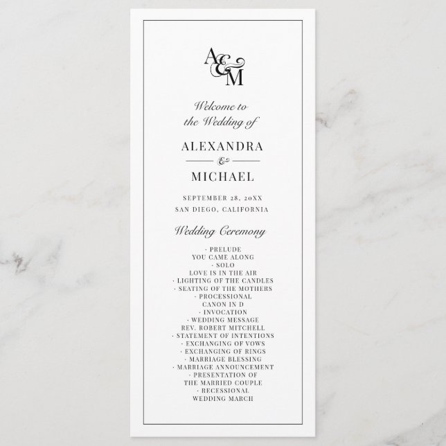 Monogram Black White Simple Minimalist Wedding Programme (Front)
