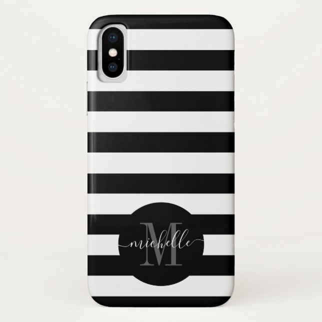 Monogram Black White Stripe Circle Modern Trendy Case-Mate iPhone Case (Back)