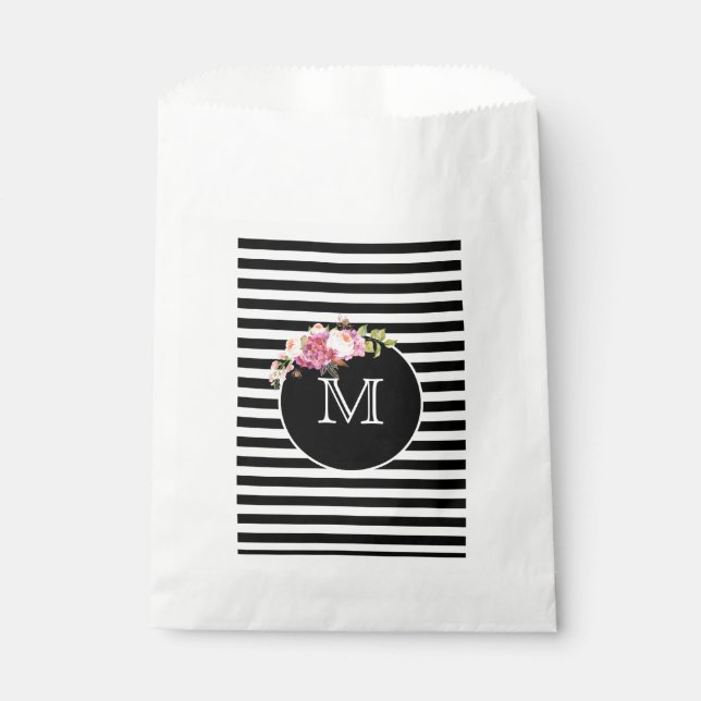 Monogram Black & White Stripe with Flowers Favour Bags (Front)