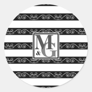 Monogram Black White striped Classic Round Sticker