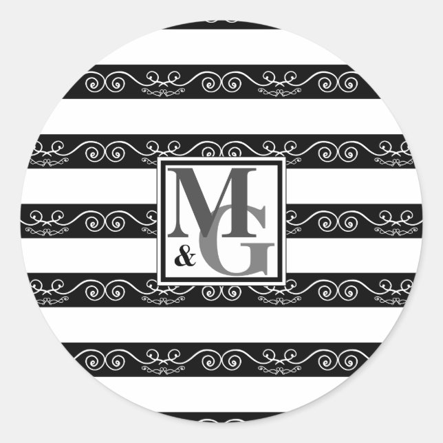 Monogram Black White striped Classic Round Sticker (Front)