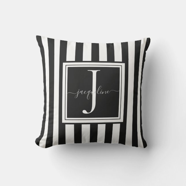 Monogram Black & White Striped Cushion (Front)