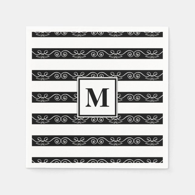 Monogram Black White striped design Napkin (Front)