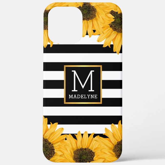 Monogram Black White Striped Sunflower Gold Case-Mate iPhone Case (Back)
