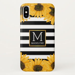 Monogram Black White Striped Sunflower Gold Case-Mate iPhone Case