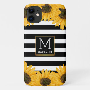 Monogram Black White Striped Sunflower Gold Case-Mate iPhone Case