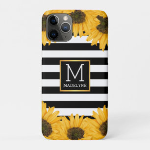 Monogram Black White Striped Sunflower Gold Case-Mate iPhone Case