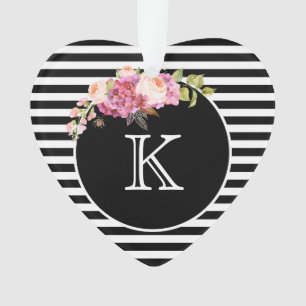 Monogram Black & White Stripes Heart Ornament