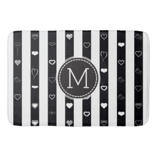 Monogram Black White Stripes Modern Heart Pattern Bath Mat