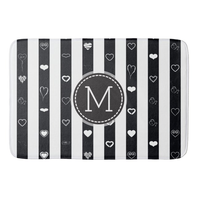 Monogram Black White Stripes Modern Heart Pattern Bath Mat (Front)