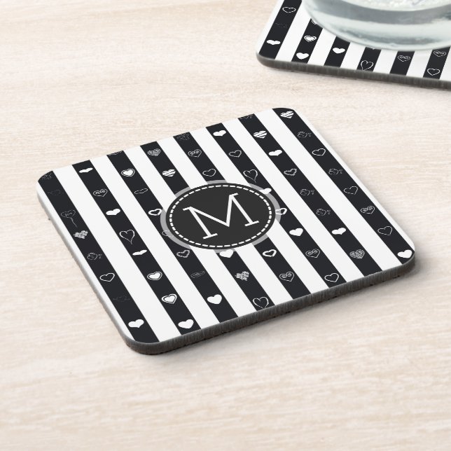 Monogram Black White Stripes Modern Heart Pattern Coaster (Left Side)