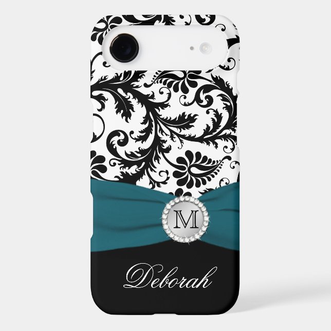 Monogram Black, White, Teal Damask iPhone 6 Case 2 (Back)