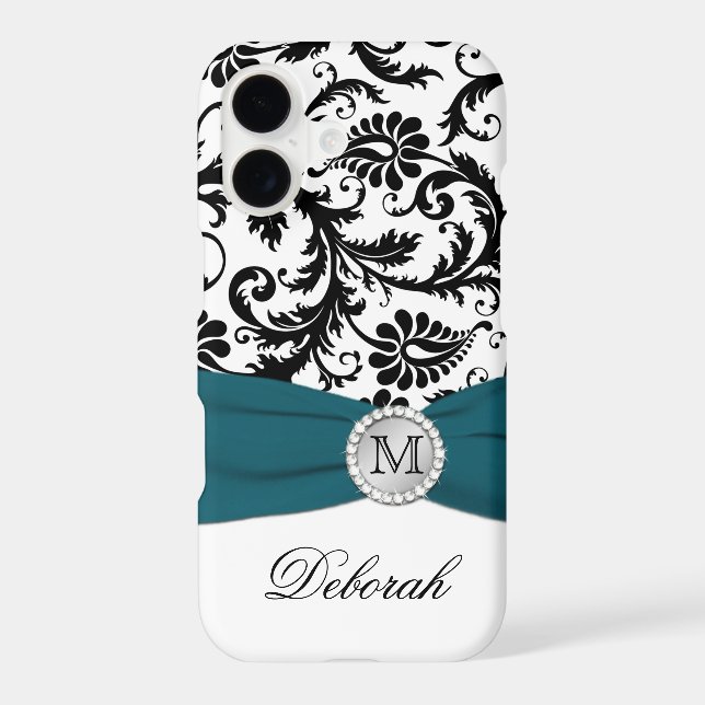 Monogram Black, White, Teal Damask iPhone 7 Case (Back)