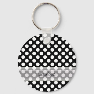 Monogram Black White Trendy Fun Polka Dot Pattern Key Ring
