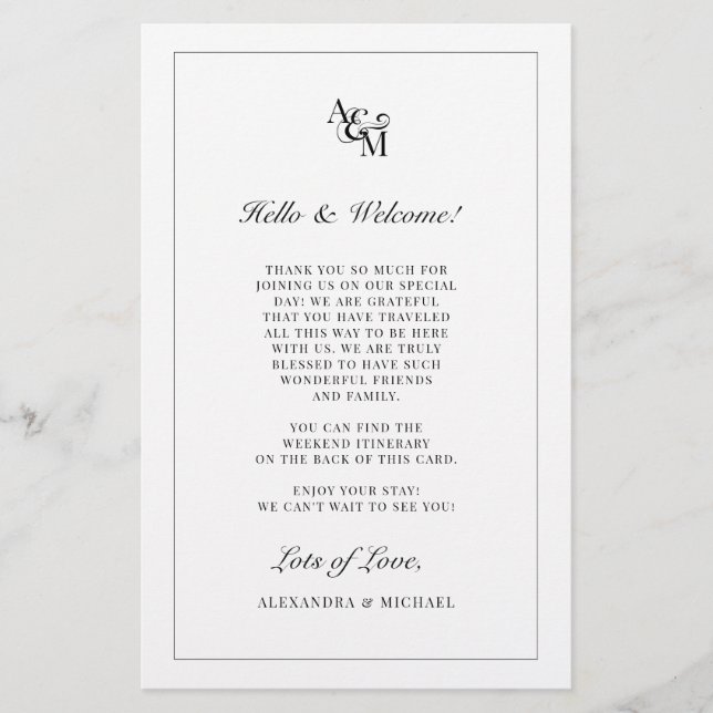 Monogram Black White Wedding Welcome Itinerary (Front)