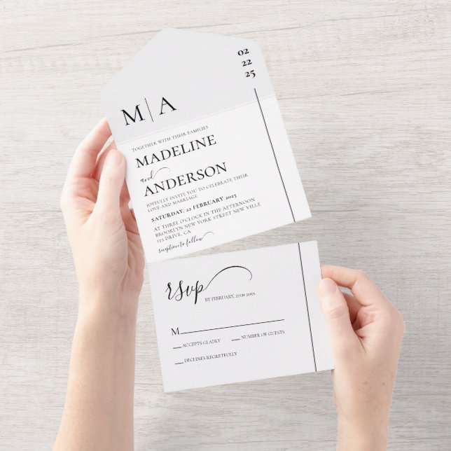 Monogram Black White With Overlay Photo Wedding All In One Invitation (Tearaway)