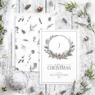 Monogram Black Winter Berry Wreath Merry Christmas Holiday Card