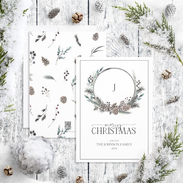Monogram Black Winter Berry Wreath Merry Christmas Holiday Card (Creator Uploaded)