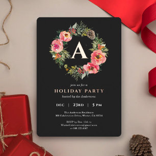 Monogram Black Wreath Botanical Christmas Party