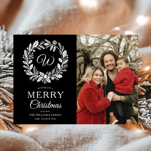 Monogram Black Wreath Merry Christmas Photo Holiday Card