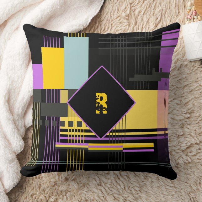 Monogram Black Yellow Geometric Shapes Cushion (Blanket)