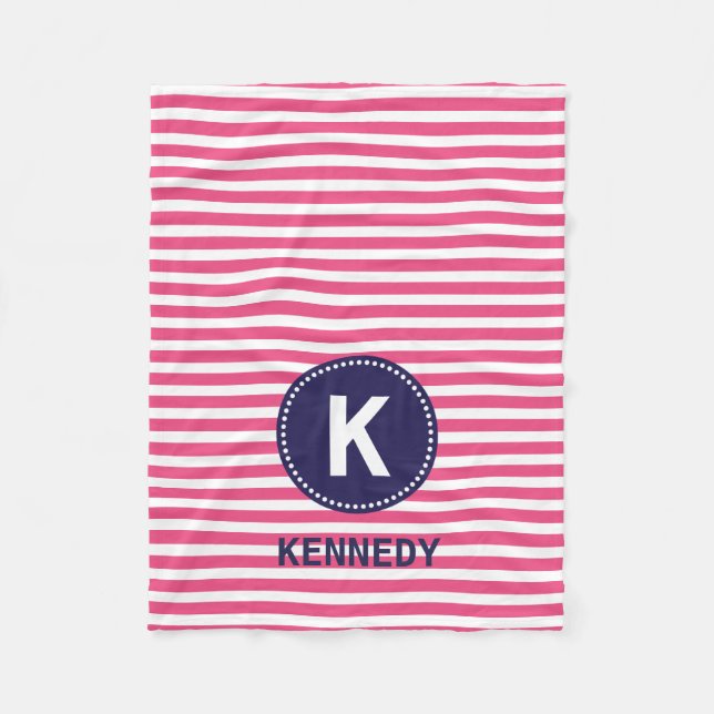 Monogram Blanket Hot Pink Stripes and Navy Blue (Front)