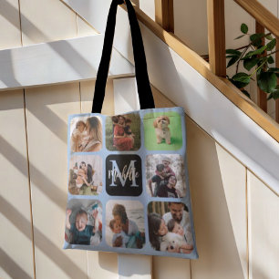 Monogram Blue 8 Photo Collage Tote Bag