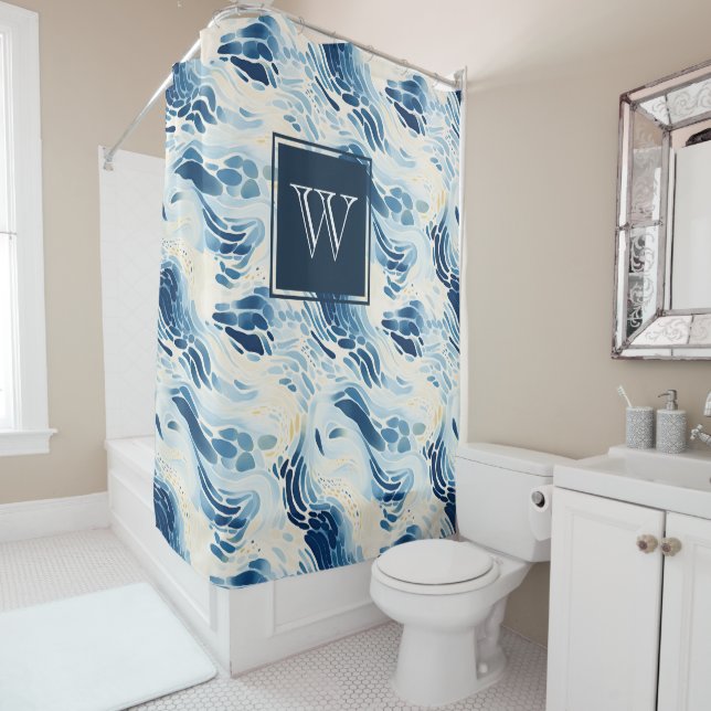 Monogram Blue Abstract Waves Beach Pattern Shower Shower Curtain (In Situ)
