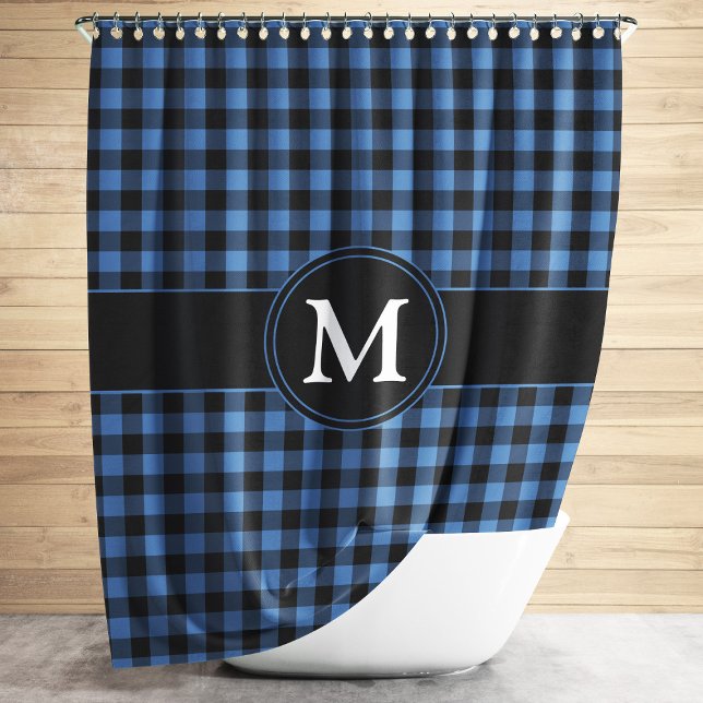 Monogram Blue And Black Plaid Chequered Pattern Shower Curtain (Modern Monogram Blue Plaid Shower Curtain)