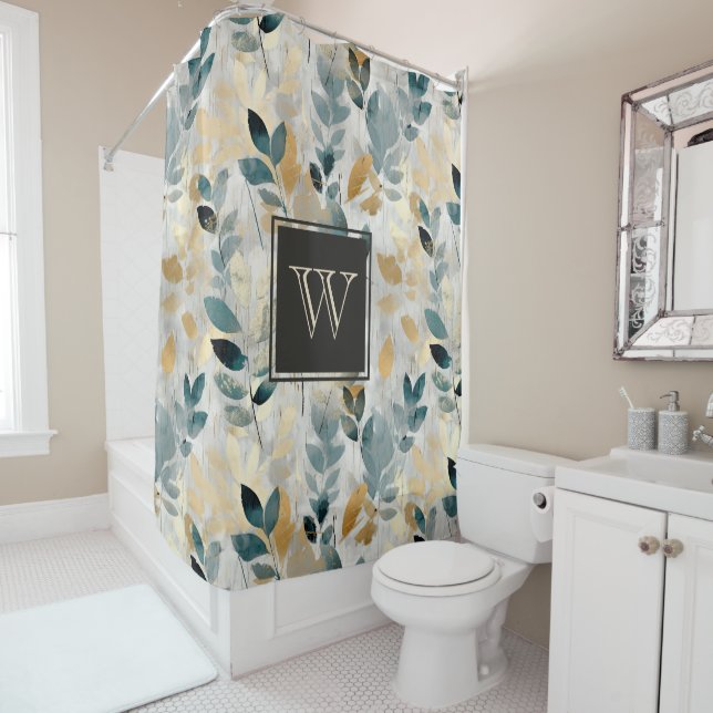 Monogram Blue and Gold Boho Branches Shower Curtain (In Situ)