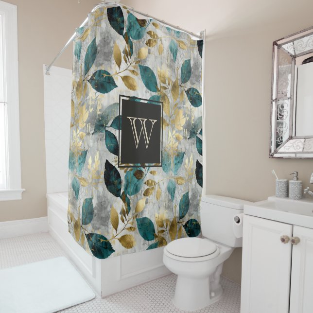 Monogram Blue and Gold Boho Elegant Leaf Shower Curtain (In Situ)