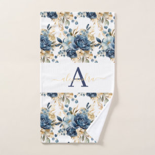 Monogram Blue and Gold Floral Elegant Towel Set