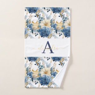 Monogram Blue and Gold Floral Elegant Towel Set