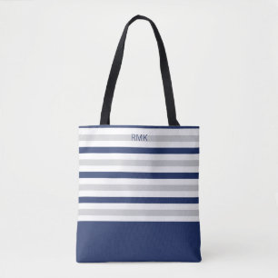 Monogram Blue and Grey Stripe Tote Bag