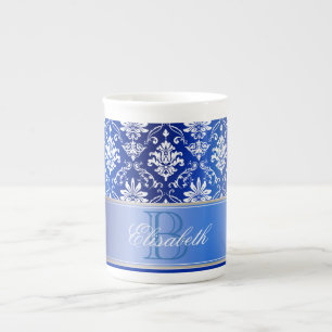 Monogram Blue and White Damask Bone China Mug