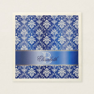 Monogram Blue and White Damask Napkin
